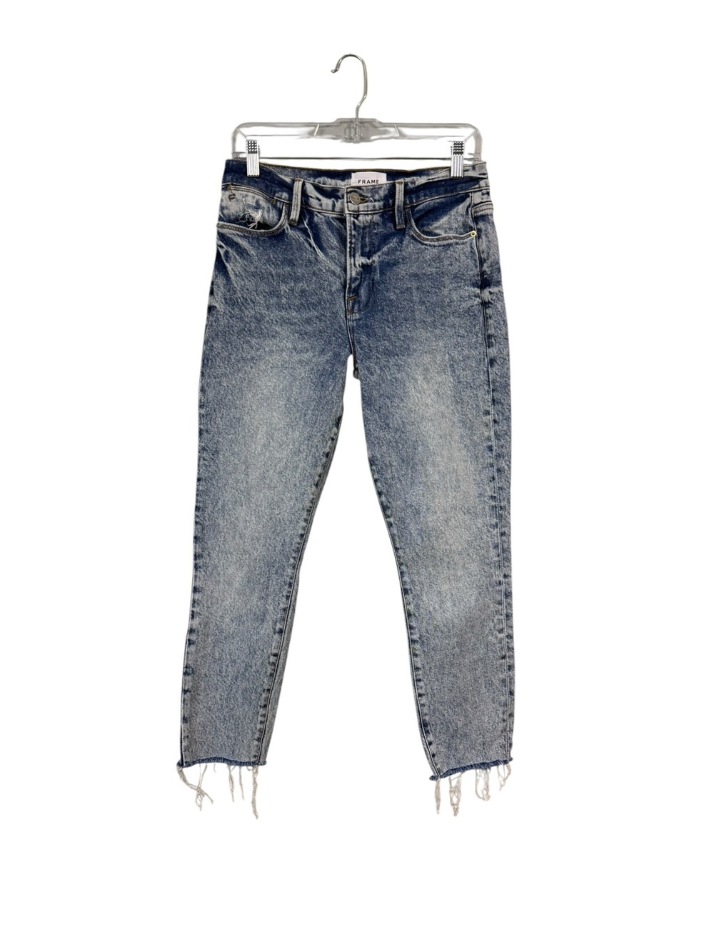 Frame Women's 28 Le High Skinny Crop Jeans Raw Hem Acid Wash Blue Stretch